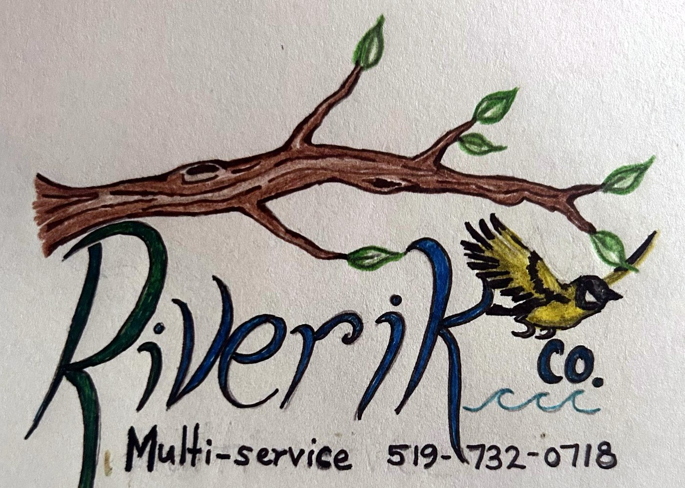 Riverik Co. logo, a branch with leaves and a bird, hand drawn